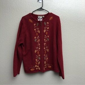 Croft & Barrow Women’s Red Autumn Falling Leaves Full Zip Sweater XL‎